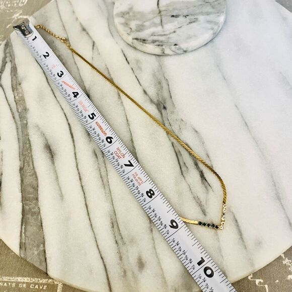 Vintage Chevron Station Necklace Green and Clear Crystal Gold Toned Metal - Picture 6 of 6